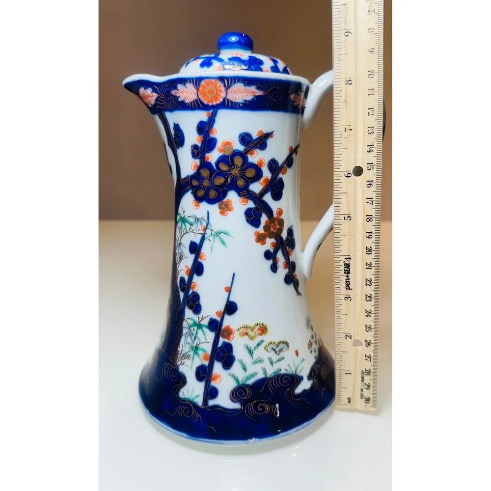 Antique Japanese Imari Porcelain Chocolate Pot Blue Orange Gold Hand Painted